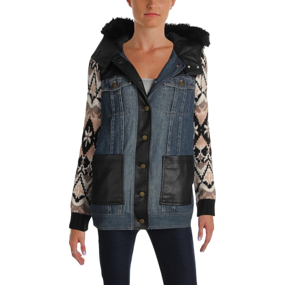 Jeans-Faux Fur-trim Mixed Coat